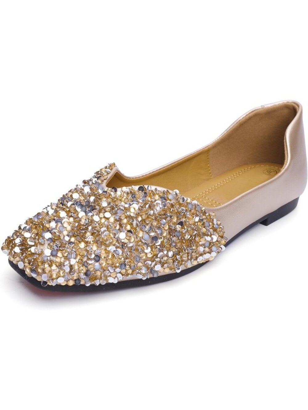 Women's Gold Square Ballet Flats Comfortable Slip On Low Heel Shoes
